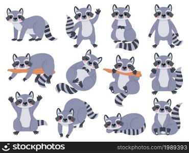 Cute cartoon baby raccoon sleeping, standing and waving. Funny raccoons poses. Happy forest animal character, racoon kids mascot vector set. Adorable pet in various poses isolated on white. Cute cartoon baby raccoon sleeping, standing and waving. Funny raccoons poses. Happy forest animal character, racoon kids mascot vector set