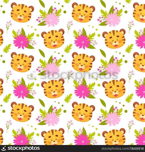 Cute cartoon baby tiger pups seamless pattern. Vector illustration