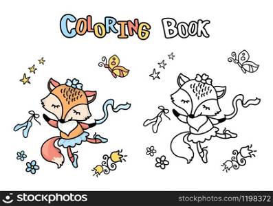 Cute cartoon ballet dancer fox,coloring book with smiling animal,isolated on white background,vector illustration