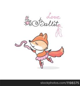 Cute cartoon ballet dancer fox with tape,animal character or mascot,isolated on white background,vector illustration