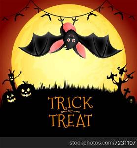 Cute cartoon bat in moon night background. Halloween concept design. Illustration for banner, poster, greeting card.