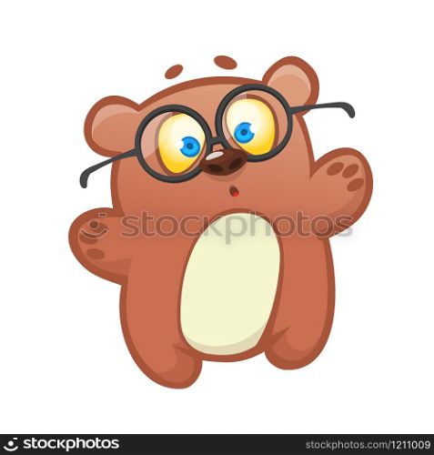 Cute cartoon bear character wearing eyeglasses. Vector illustration of a bear waving hand. Isolated on white