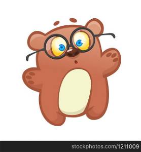 Cute cartoon bear character wearing eyeglasses. Vector illustration of a bear waving hand. Isolated on white