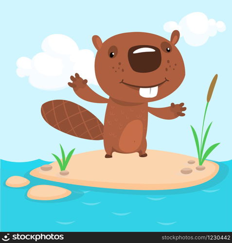 Cute cartoon beaver standing. Vector illustrated.
