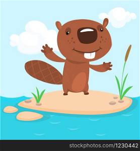 Cute cartoon beaver standing. Vector illustrated.