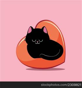 Cute cartoon black cat and sleeping on big red heart illustration.