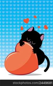 Cute cartoon black cat bites big red heart, valentine illustration.