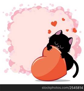 Cute cartoon black cat bites big red heart, valentine illustration.