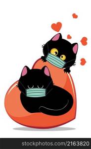Cute cartoon black cat couple in face mask and big red heart illustration.