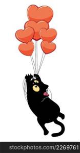 Cute cartoon black cat flying on heart shaped balloons, valentine illustration.