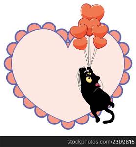 Cute cartoon black cat flying on heart shaped balloons, valentine illustration.