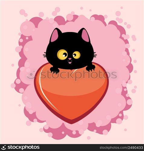 Cute cartoon black cat head and big red heart illustration.