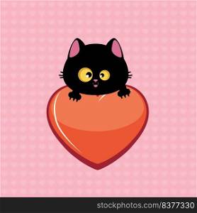 Cute cartoon black cat head and big red heart illustration.