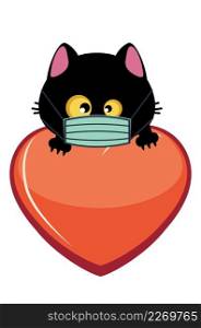 Cute cartoon black cat head in face mask and big red heart illustration.