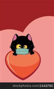 Cute cartoon black cat head in face mask and big red heart illustration.