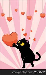 Cute cartoon black cat holding red heart, valentines day illustration.