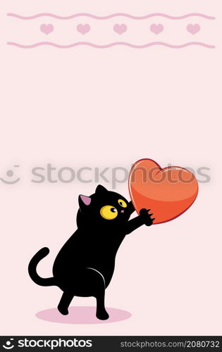 Cute cartoon black cat holding red heart, valentines day illustration.