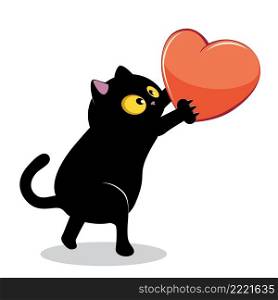 Cute cartoon black cat holding red heart, valentines day illustration.