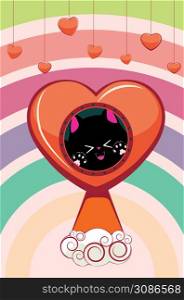 Cute cartoon black cat in a red rocket heart, valentines day illustration.