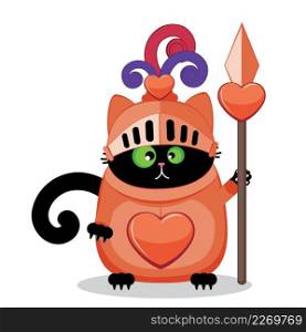 Cute cartoon black cat in knight armor with red heart, valentines day illustration.