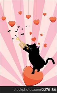 Cute cartoon black cat play trumpet standing on red heart, valentines day illustration.