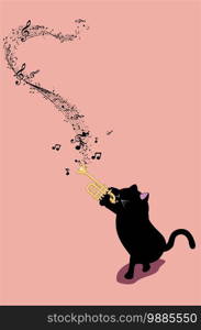 Cute cartoon black cat playing trumpet illustration.