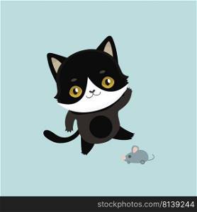 Cute cartoon black cat with big eyes.