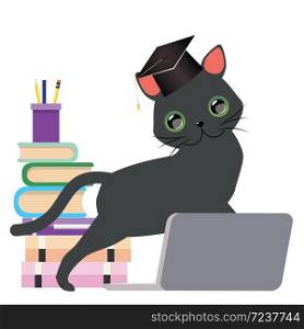 Cute cartoon black cat with green eyes wear graduation cap with laptop.