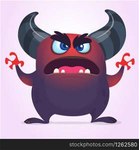 Cute cartoon black horned monster. Vector illustration