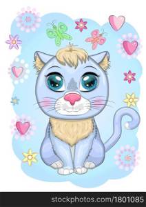Cute cartoon blue cat, kitten on a background of flowers. Wild animals, character, childrens cute style.. Cute cartoon blue cat, kitten on a background of flowers