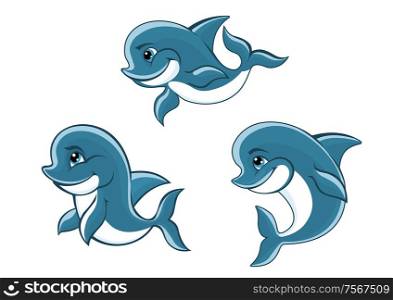 Cute cartoon blue dolphins characters for fairytale or wildlife design