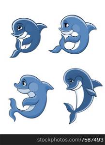Cute cartoon blue dolphins set for fairytale, comics and wildlife design