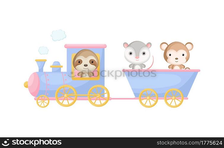 Cute cartoon blue train with sloth driver and monkey, opossum on waggon on white background. Design for childrens book, greeting card, baby shower, party invitation, wall decor. Vector illustration.