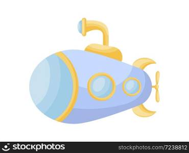 Cute cartoon blue-yellow submarine with periscope for design of album, scrapbook, card and invitation. Flat cartoon colorful vector illustration isolated on white background.