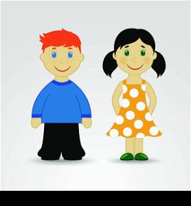 Cute cartoon boy and girl little smiling faces children isolated vector illustration