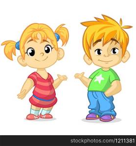 Cute cartoon boy and girl with hands up vector illustration. Boy and girl greeting design. Kids summer dress. Children vector. Casual style dressed children. Blond brother and sister presenting.. Cartoob funny boy and girl