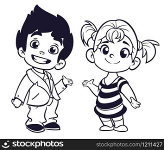 Cute cartoon boy and girl with hands up vector illustration. Boy and girl greeting design. Kids summer dress. Children vector outlines. . Cartoob funny boy and girl
