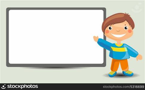 Cute Cartoon Boy Standing Near the Blackboard. Vector Illustration