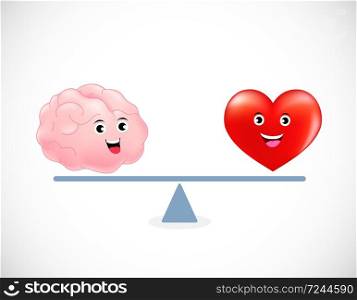 Cute cartoon brain and heart on scale. Concept of balance between logic and emotion. Vector illustration.