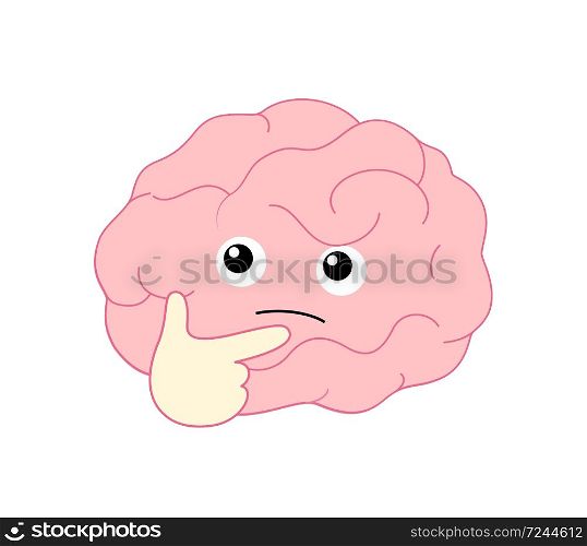 Cute cartoon brain character pondering face with right hand. Flat style, icon design. Human brain intellect, knowledge, education and Brainstorm concept. Vector illustration.
