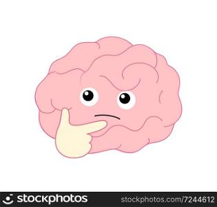 Cute cartoon brain character pondering face with right hand. Flat style, icon design. Human brain intellect, knowledge, education and Brainstorm concept. Vector illustration.