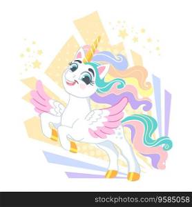 Cute cartoon brave and proud character unicorn. Vector illustration isolated on a white background. Happy magic unicorn. For print, design, poster, sticker, card, decoration, t shirt, kids clothes. Cute cartoon character brave unicorn vector illustration