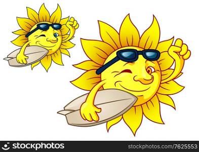 Cute cartoon bright yellow hot surfing sun with sunglasses carrying a surfboard, two color variations on white. Hot surfing sun with sunglasses