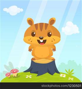 Cute cartoon brown marmot standing on the stump in the meadow bacground. Groundhog Day isolated vector illustration.
