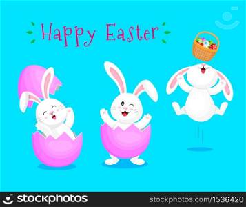 Cute cartoon bunny cracking from egg shell. Easter egg hunt poster invitation template. Vector illustration isolated on blue background.