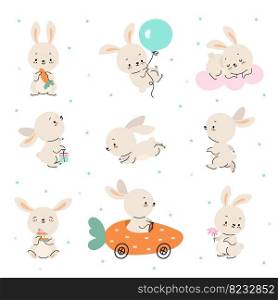 Cute cartoon bunny. Dancing rabbit, newborn baby funny animal stickers. Hare characters with carrot, sweet cake and balloon. Lovely nowaday vector bunnies and rabbits animal cartoon illustration. Cute cartoon bunny. Dancing rabbit, newborn baby funny animal stickers. Hare characters with carrot, sweet cake and balloon. Lovely nowaday vector bunnies