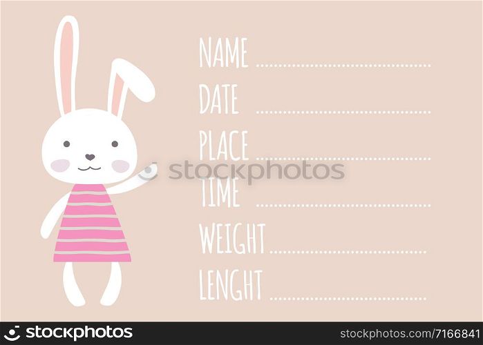 Cute cartoon bunny girl,template page for a newborn baby height, weight and others,vector illustration. Cute cartoon bunny,template page for a newborn baby height, weig