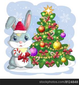 Cute cartoon bunny in Santa’s hat near the decorated Christmas tree. Winter 2023, Christmas and New Year.. Cute cartoon bunny in Santa’s hat near the decorated Christmas tree. Winter 2023, Christmas and New Year