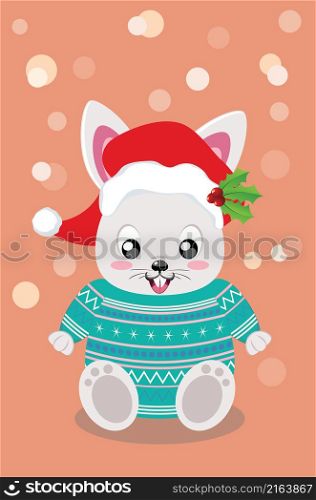 Cute cartoon bunny or rabbit in knitted winter clothing and Santa hat illustration.