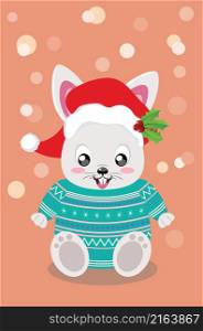 Cute cartoon bunny or rabbit in knitted winter clothing and Santa hat illustration.